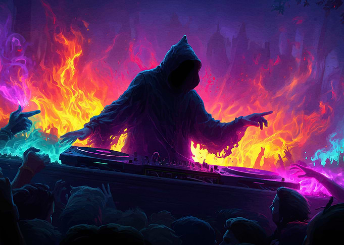 Hooded DJ Fiery Background