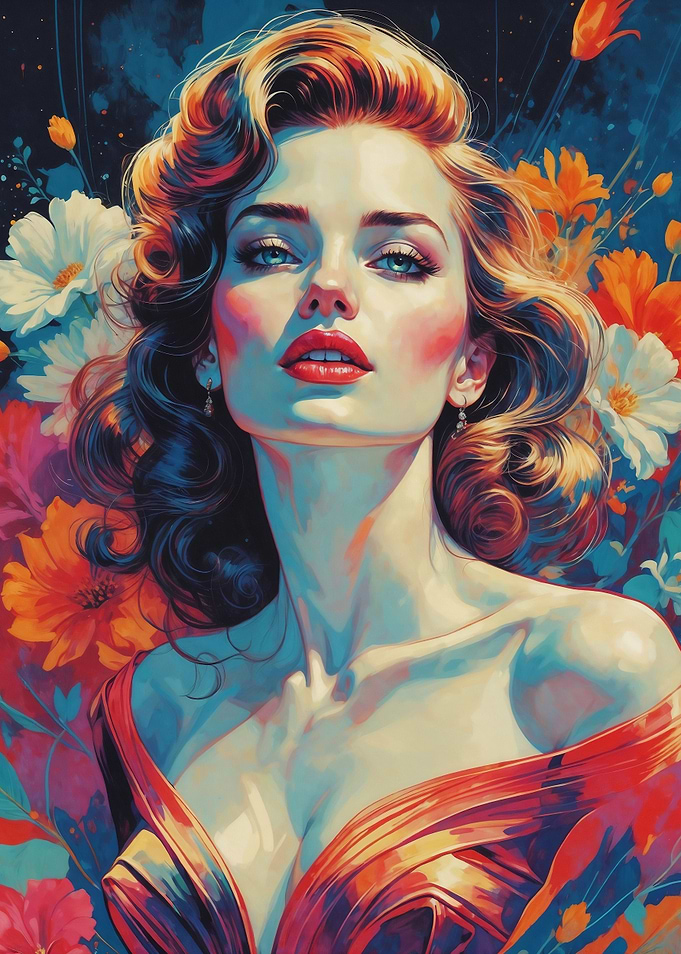 Elegant Pin-Up Portrait with Floral Background