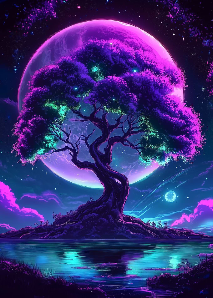 Fantasy Neon Tree Under a Purple Moon