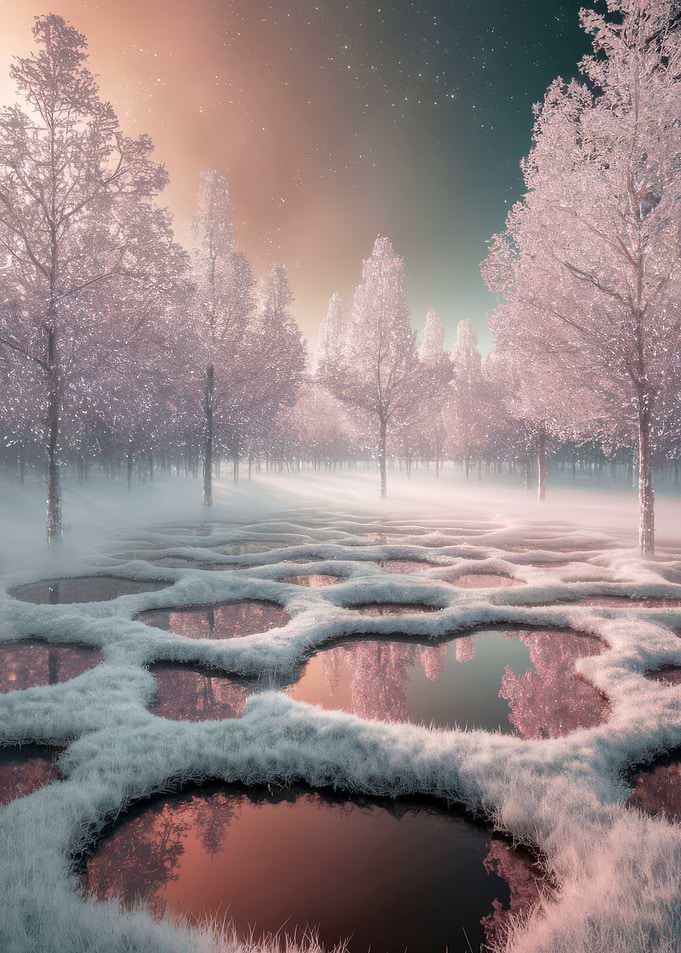 Winter landscape with frozen puddles