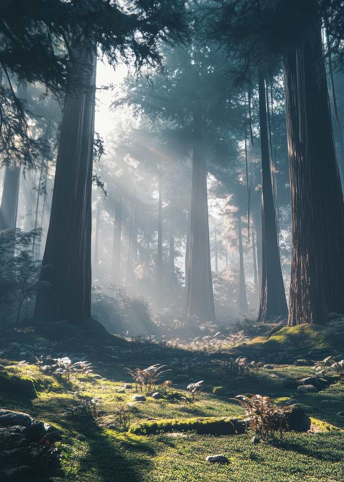 Sunlit Forest with Towering Trees