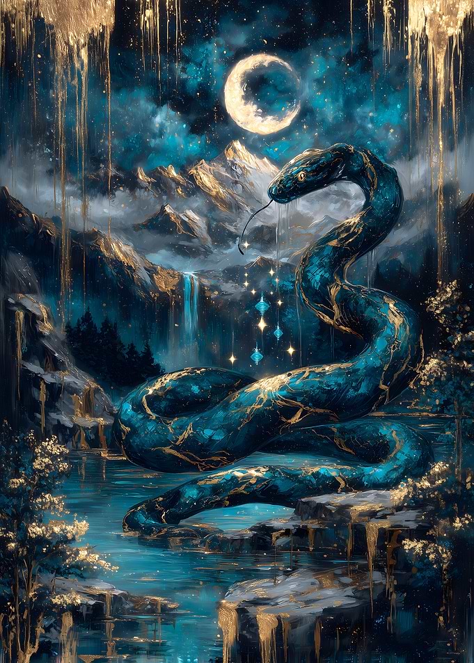 Serpentine Majesty: Teal and Gold Landscape