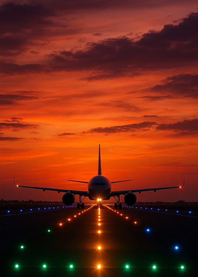 Airplane on Runway at Sunset