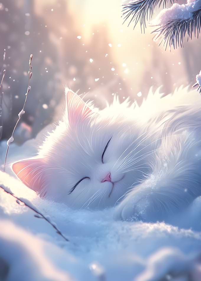 Cute White Persian Cat Sleeping in Winter Snow - Adorable Feline Portrait Art