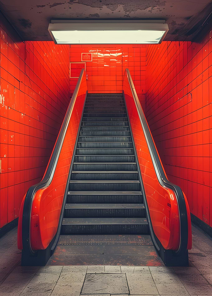 Red Escalator in Subway Station