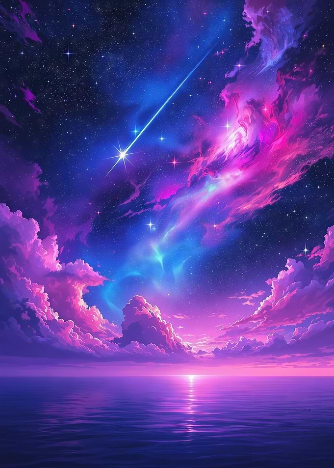 Cosmic Ocean Twilight with Shooting Star