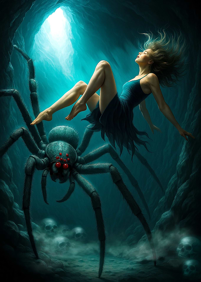 Alice, Spider, and Skulls in Cave