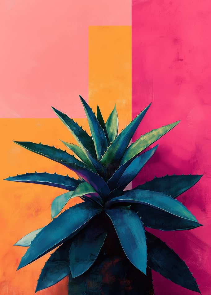 Agave Plant with Geometric Background | Aloe in Retro Sunset Stripes | Botanical Poster