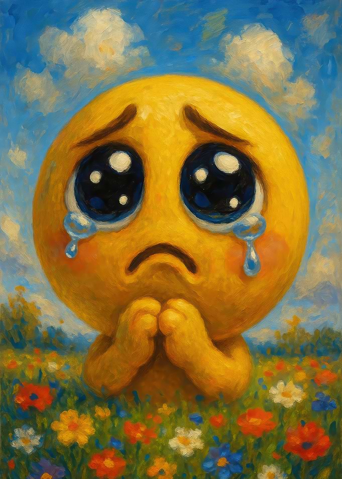 Pleading Emoji in a Flower Field