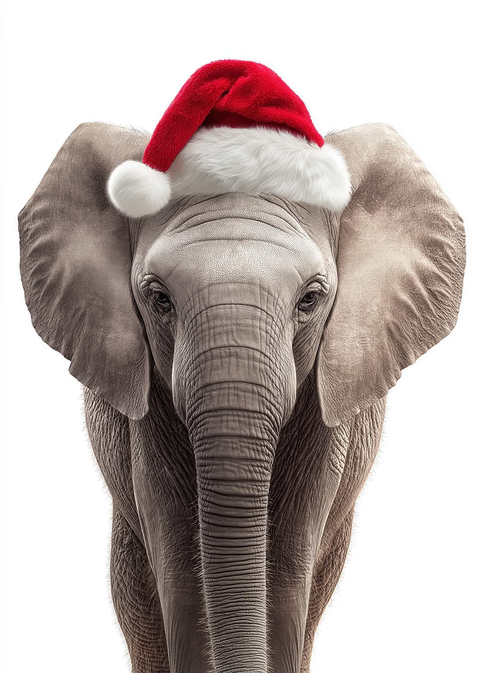 Elephant wearing Christmas Santa hat