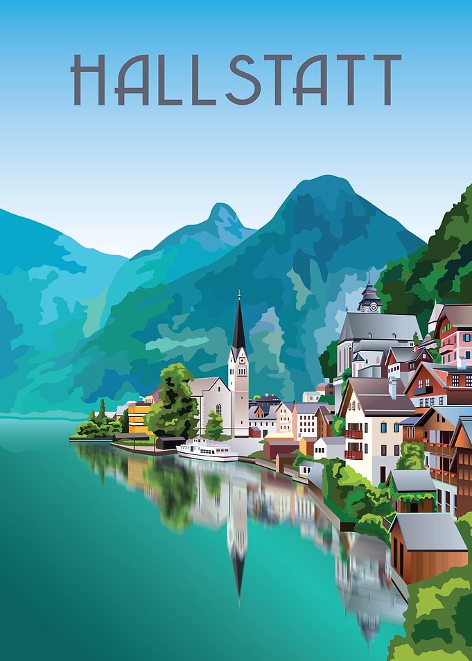 Hallstatt Austria Scenic Landscape Illustration