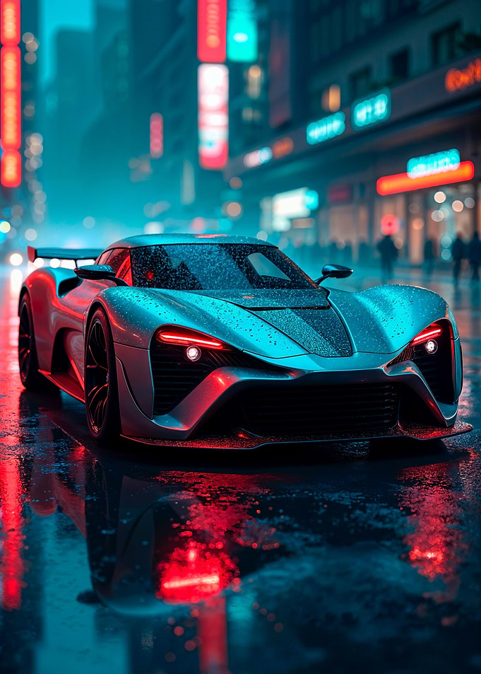 Sleek Car in Neon Cityscape