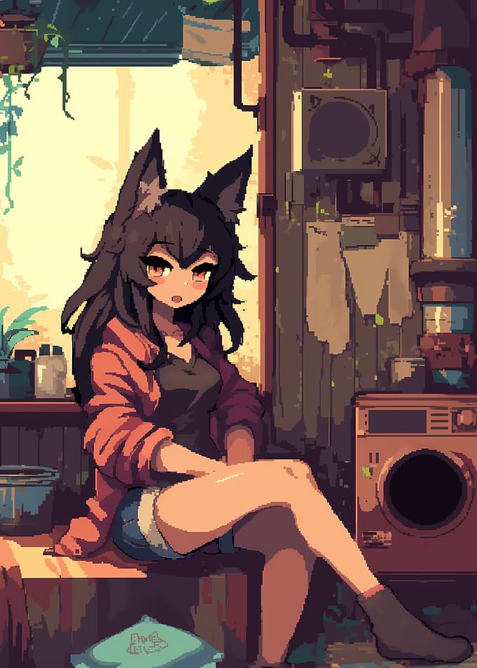 Anime Wolf Girl in Laundry Room