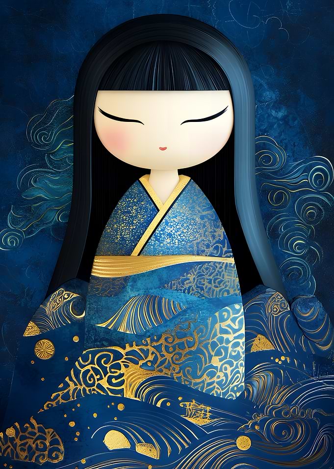 Kokeshi Doll in Blue and Gold