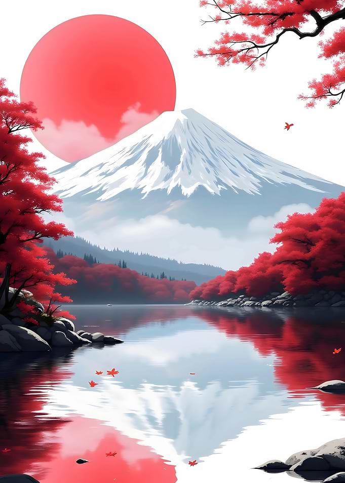 Mount Fuji and Red Maple Trees