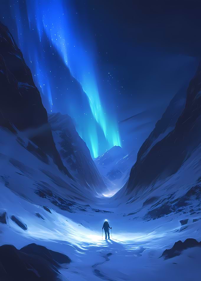 Aurora Borealis over Snowy Mountain Valley