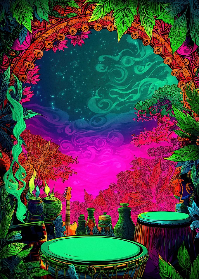 Psychedelic Music Scene with Lush Foliage