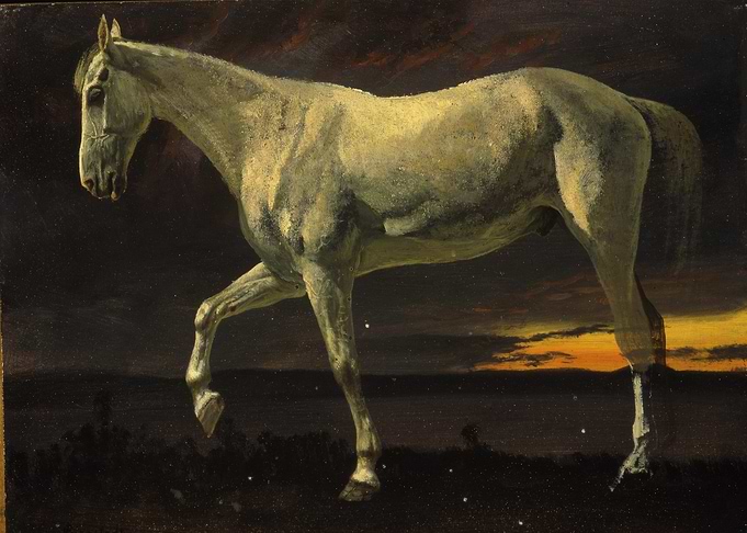 White Horse in Dark Landscape Painting