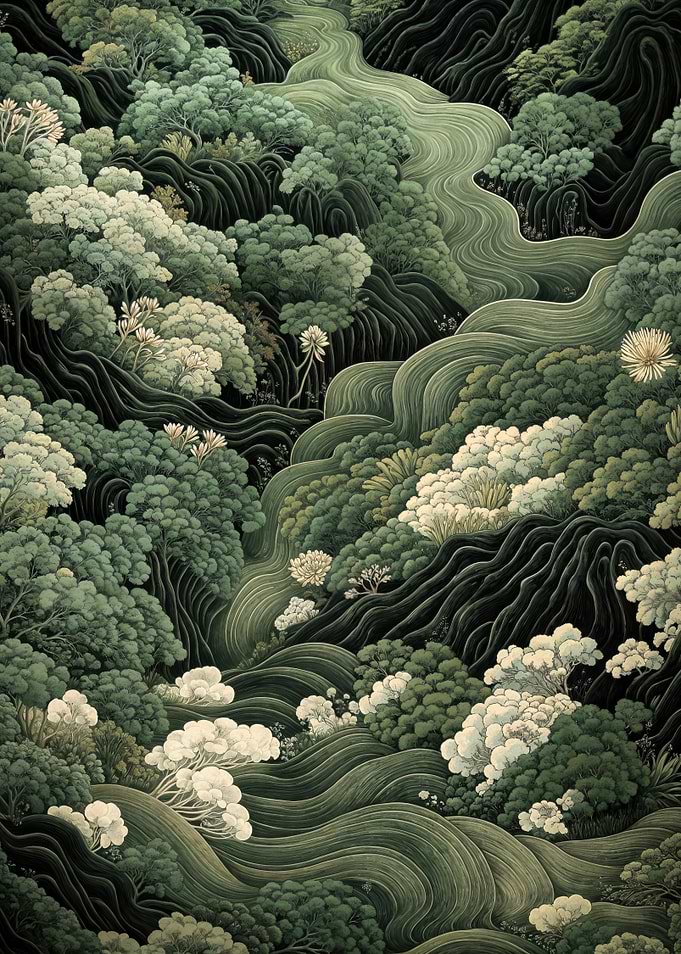 Japanese Forest Wall Art Maximalist Print Sage Green Wabi Sabi Painting japandi Art chinoiserie poster