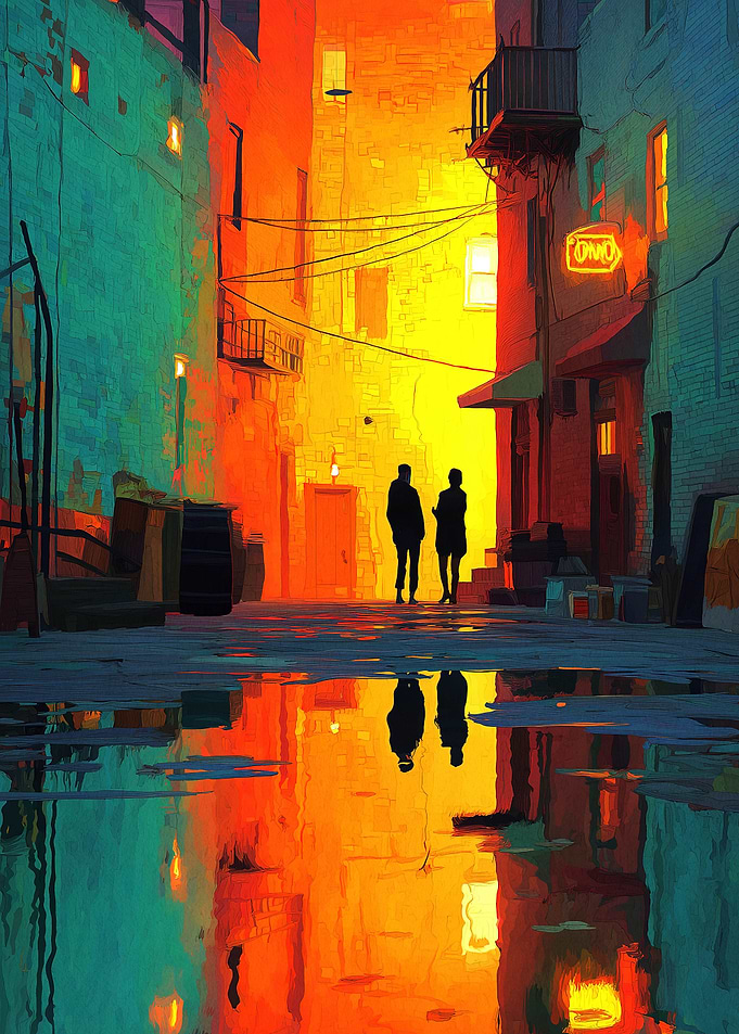 Vibrant Alleyway with Reflections