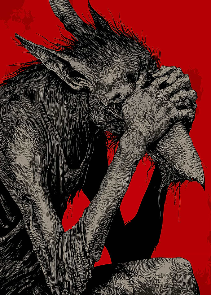 Distressed Horned Creature Illustration