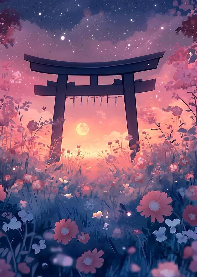 Torii Gate in Floral Field