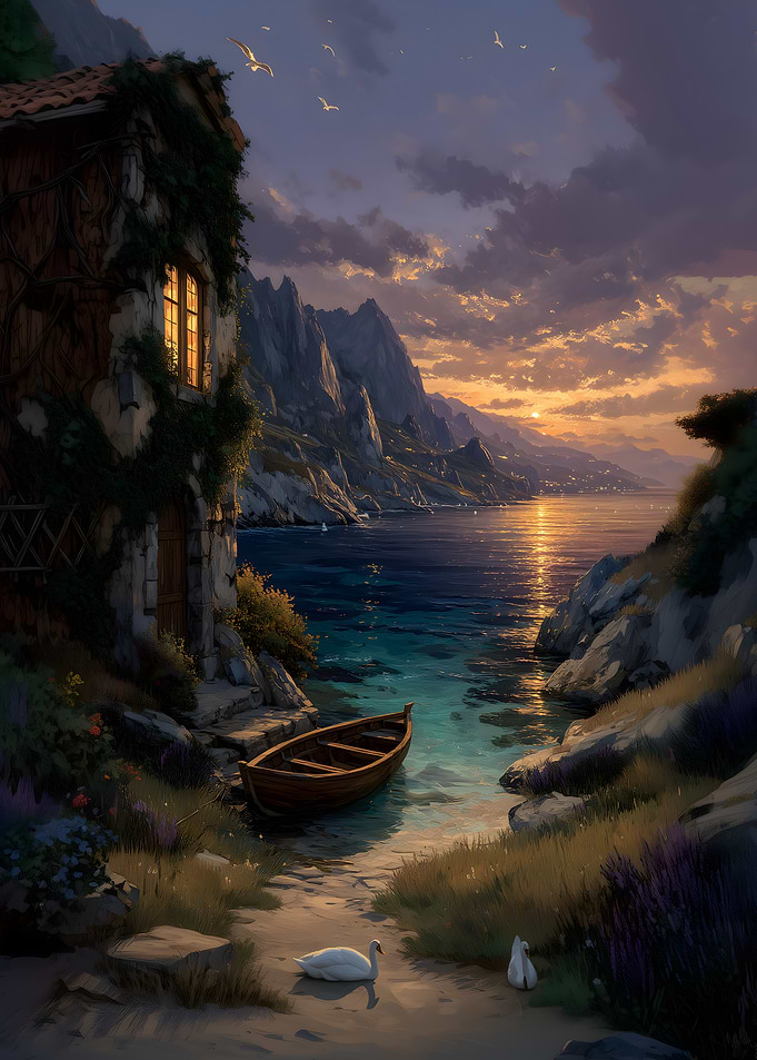 Coastal Sunset with Boat and Swans
