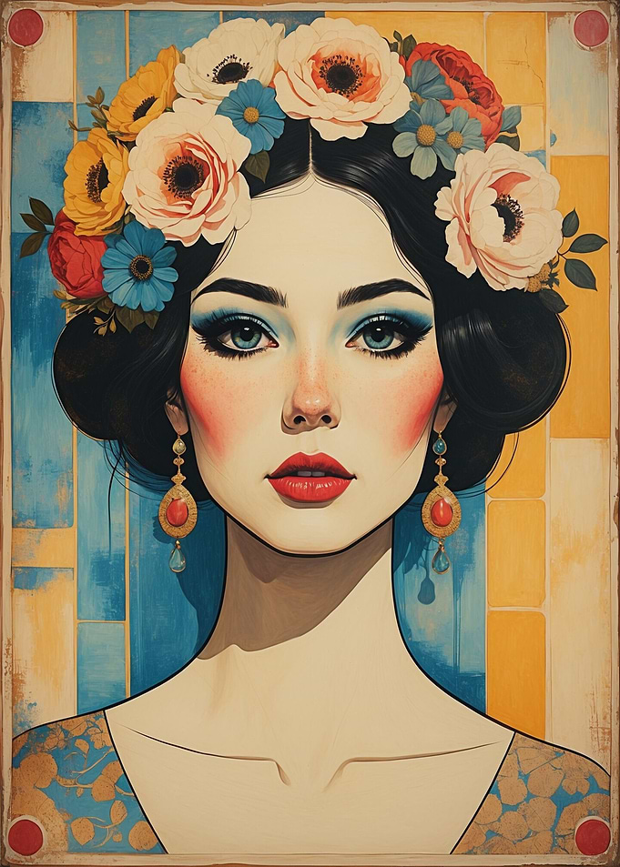 Art Nouveau Woman Floral Crown Portrait