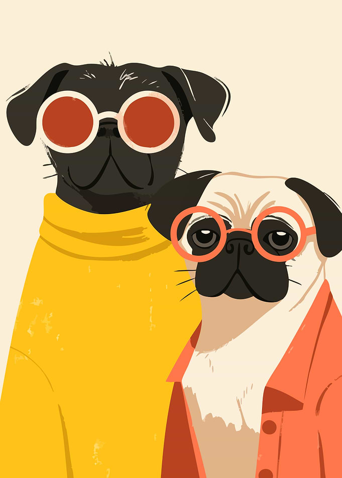 Two Fashionable Boho Pug Minimalist Art Illustration