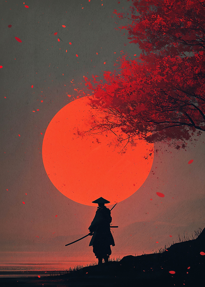 Samurai Silhouette Under Red Sun