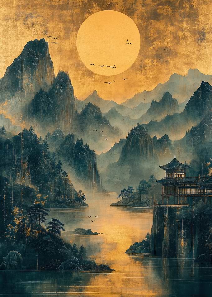 Golden Moon over Asian Landscape