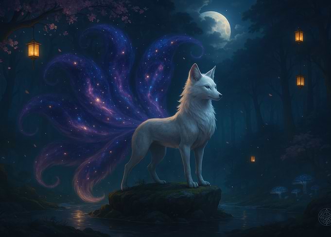 Celestial Kitsune in Enchanted Moonlit Forest