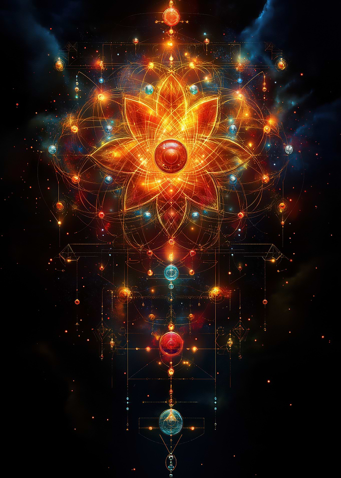 Abstract Floral Mandala with Cosmic Elements