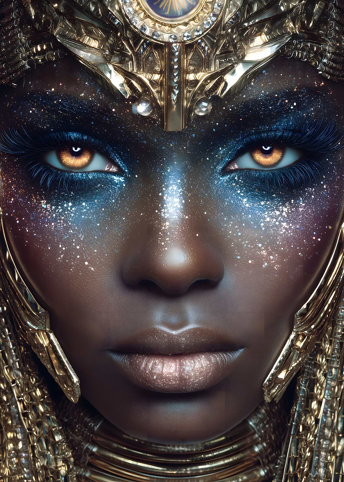 Golden Headdress Woman with Galaxy Makeup