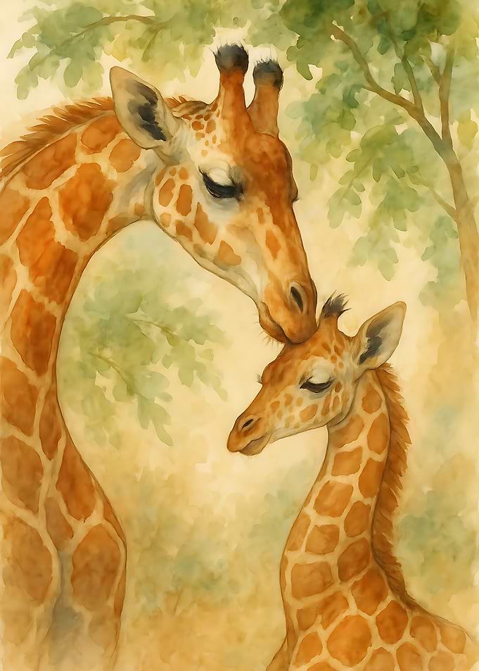Watercolor Giraffe Mother and Baby