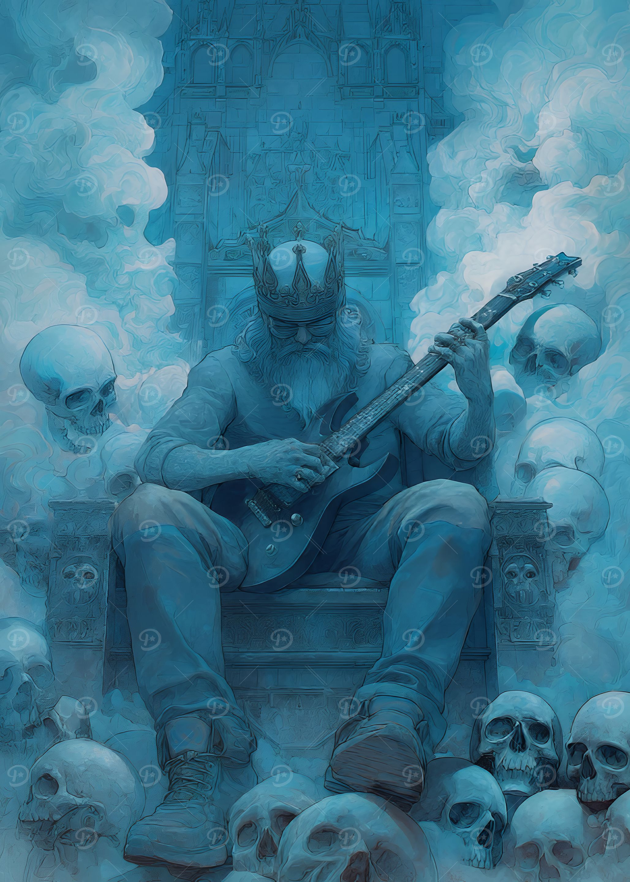 King with Guitar on Skull Throne