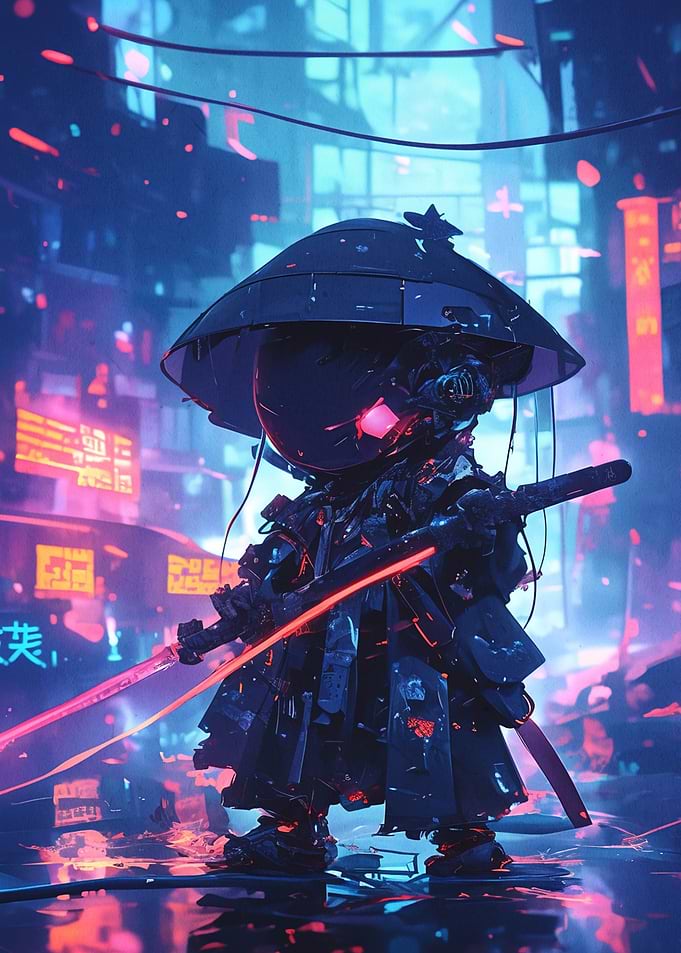 Cyberpunk Samurai with Neon Swords