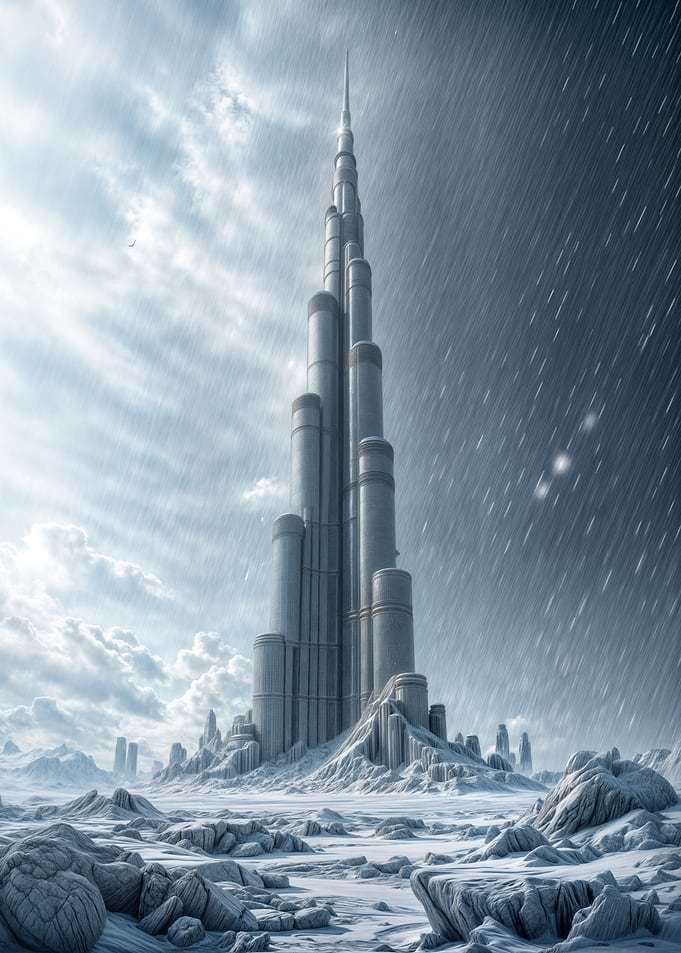 Futuristic Skyscraper in Snowy Landscape
