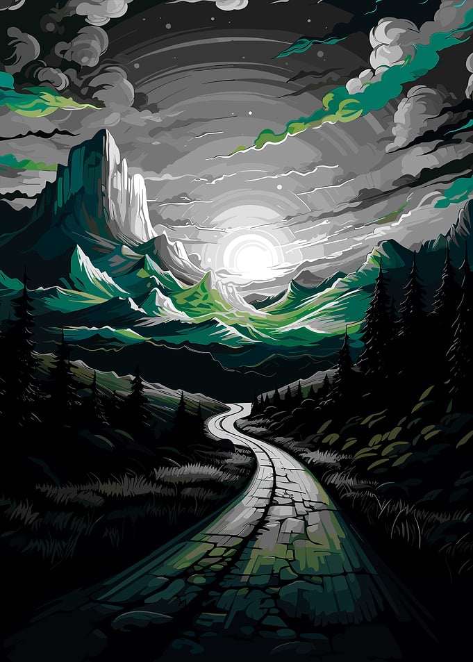 Mountain Road Landscape with Cloudy Sky