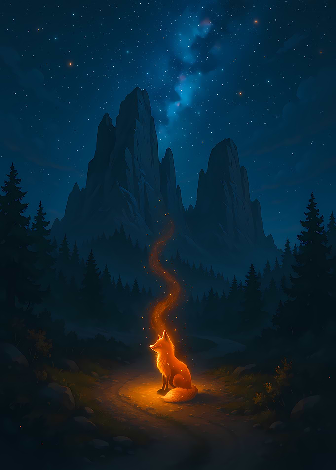 Glowing Fox in Night Landscape