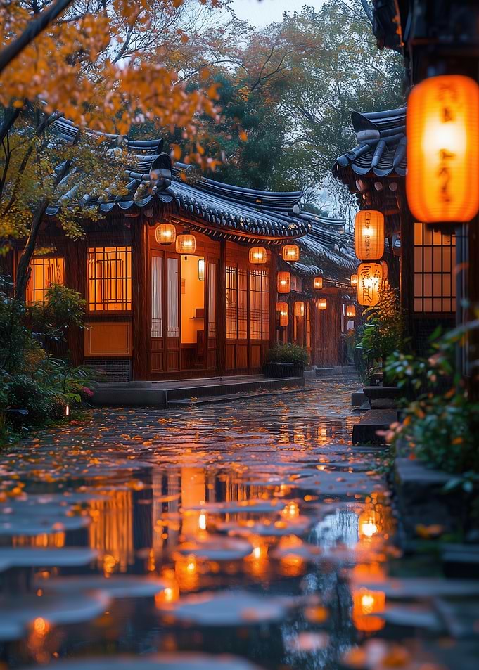 Rainy Asian Street with Lanterns