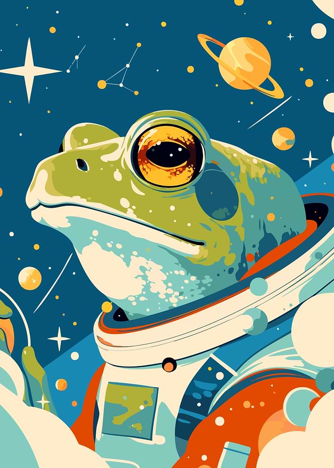 Astronaut Frog in Cosmic Space Funny Animal Art Illustration