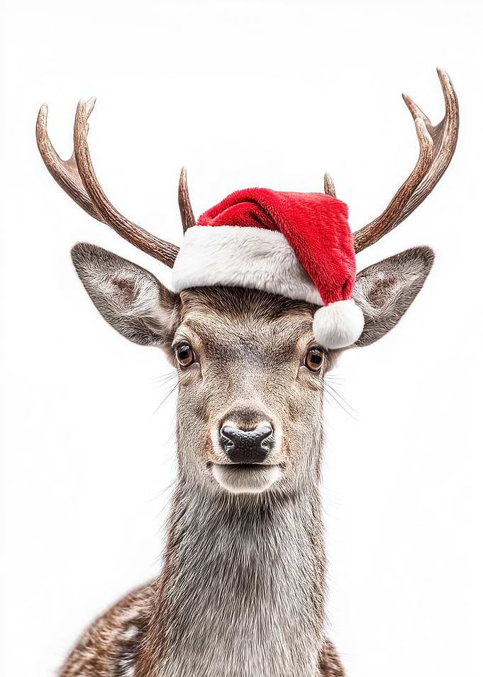 Christmas Deer with Santa Hat Portrait