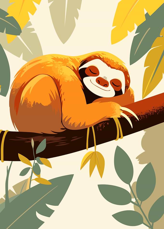Cute Sleeping Sloth on Branch Minimalist Art Illustration