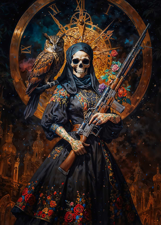 Santa Muerte with Owl and Rifle