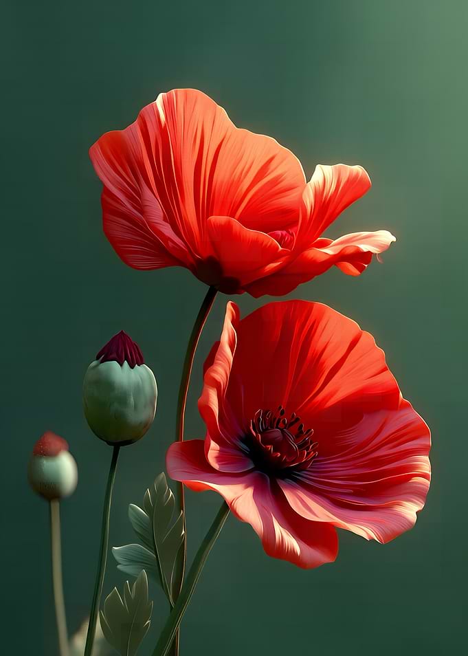 Red Poppies on Green Background