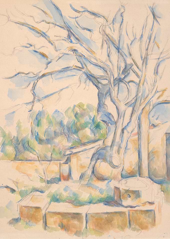 Watercolor Tree and Building Landscape