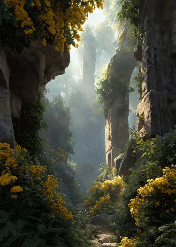 Ruined Stone Archway with Yellow Flowers