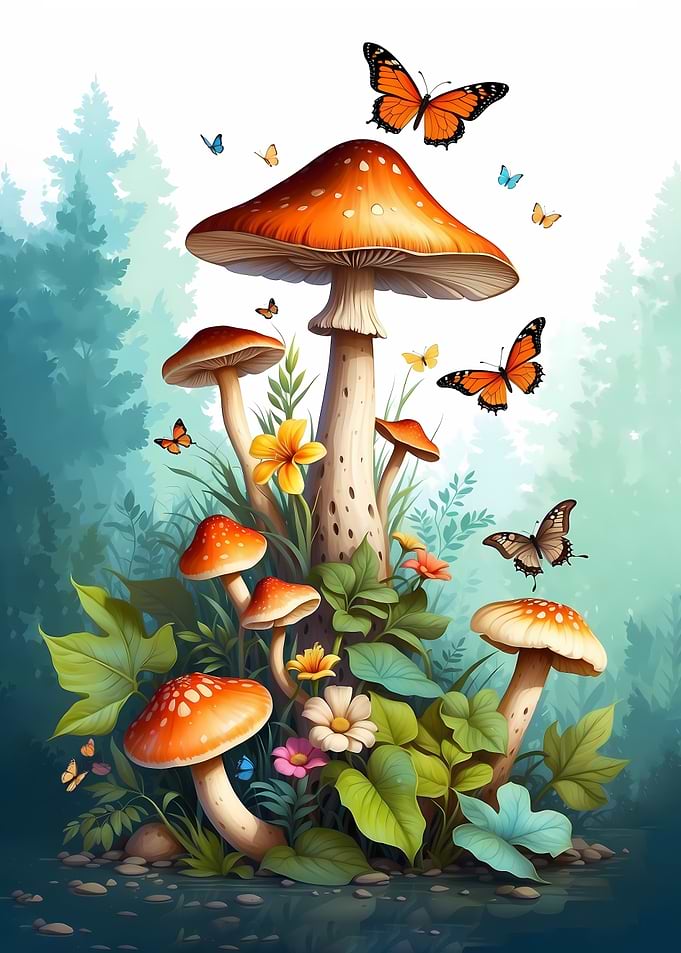 Mushroom and Butterfly Forest Scene