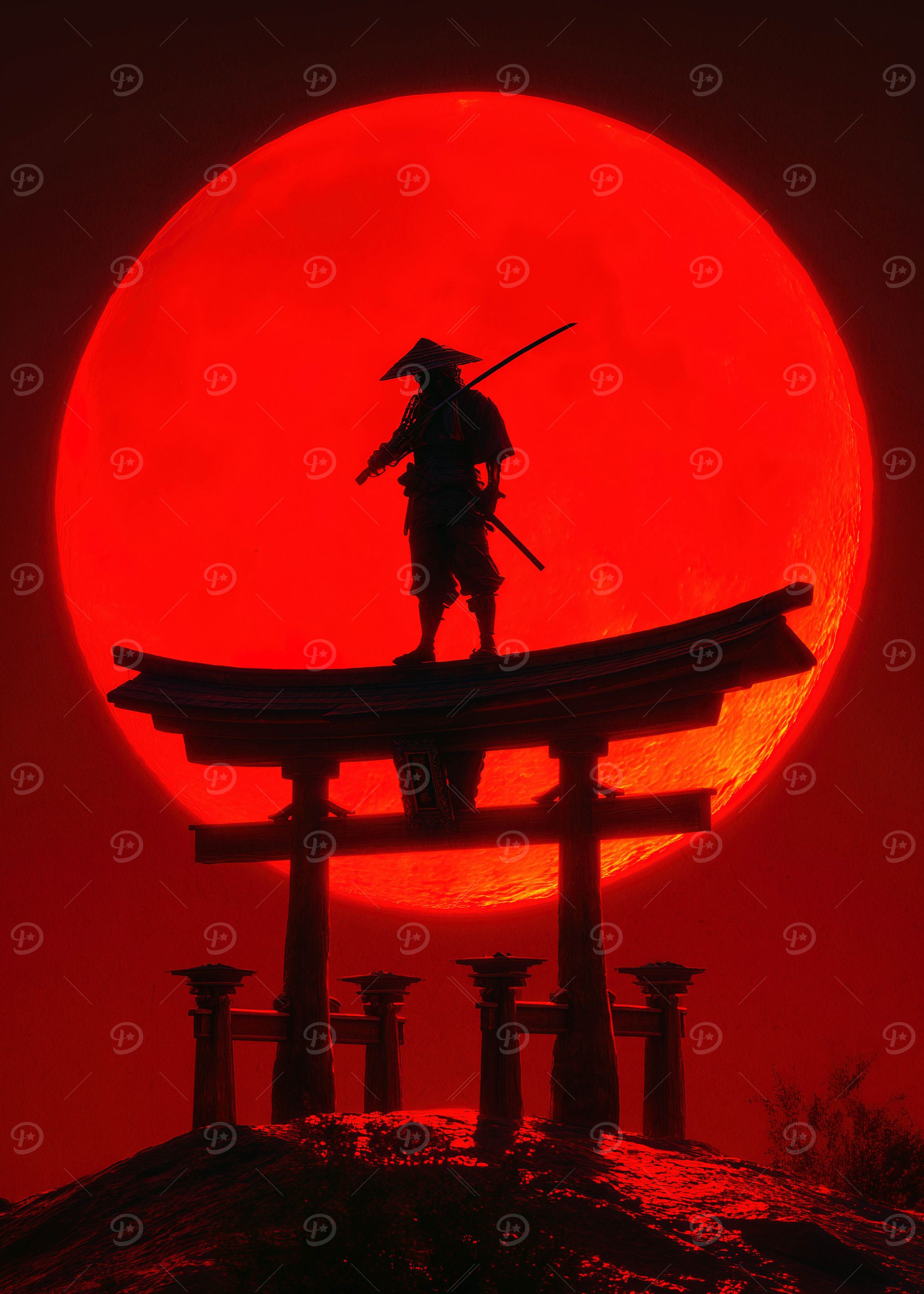 Silhouette Ninja on Torii Gate Red Moon